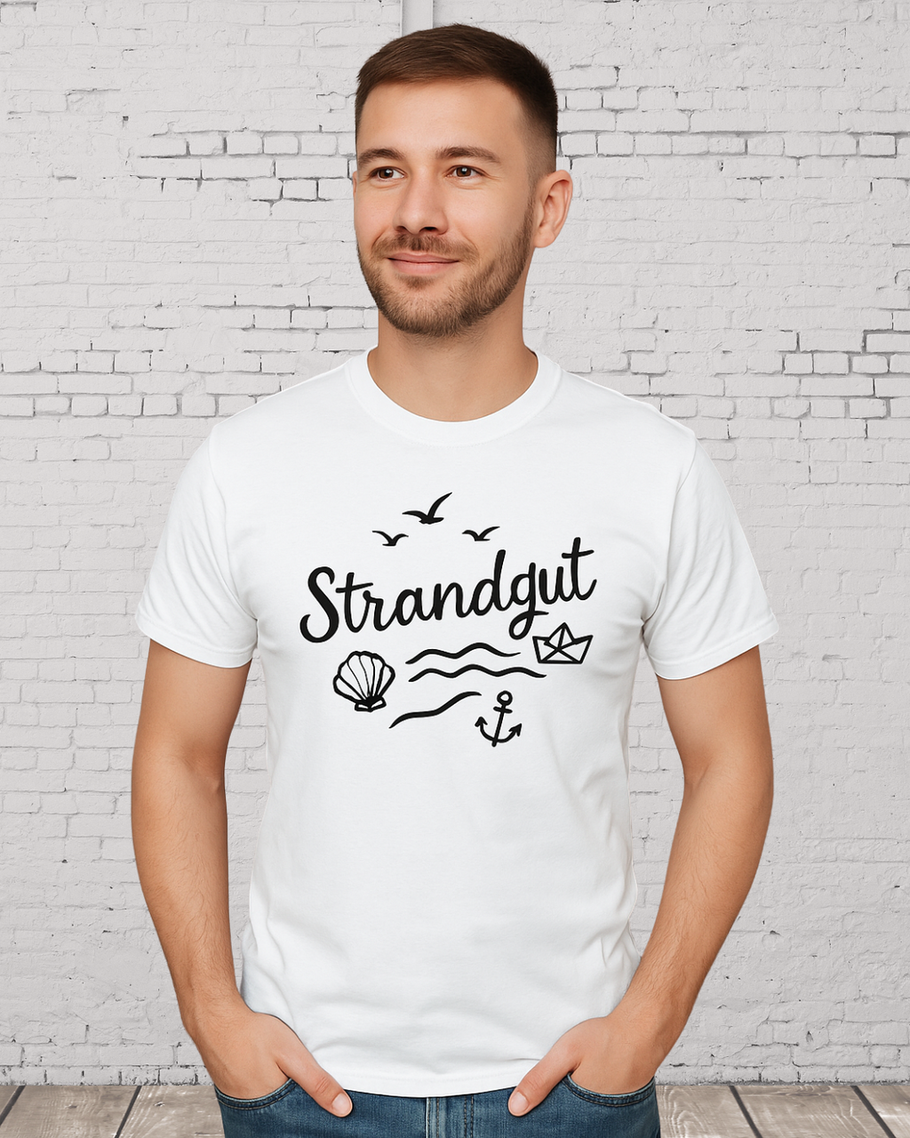 Strandgut T-Shirt – Maritimes Shirt mit Muschel, Anker & Papierboot – Küstenmode
