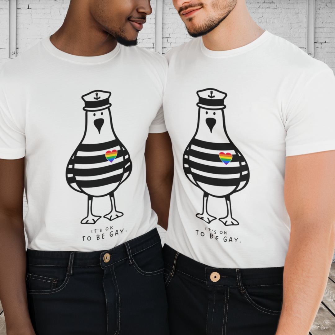 IT‘S OK TO BE GAY - Männer T-Shirt mit Möwenprint – Buntes Statement Shirt für Pride, Festival & Freizeit