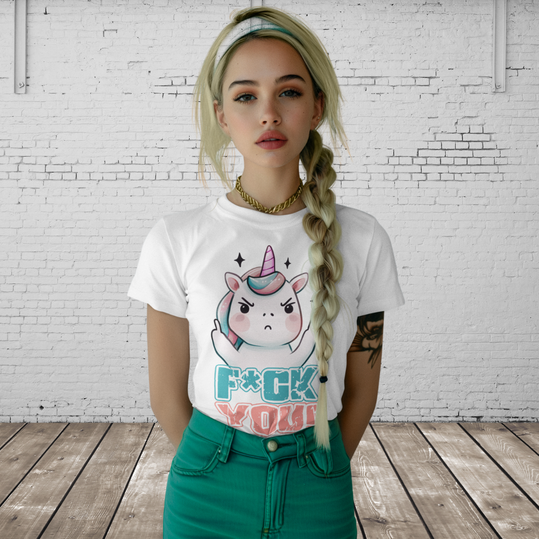 F*CK YOU - Unicorn Grafik T-Shirt für Frauen – Lustiges Statement Shirt aus 100% Baumwolle